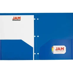 Pocket Folders|JAM Paper Heavy Duty 3 Hole Punch Two-Pocket Plastic Folders, Blue, 6/Pack (383HPBBUB)