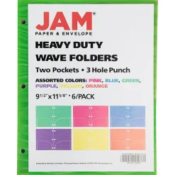 Pocket Folders|JAM Paper Heavy Duty 3-Hole Punched 2-Pocket Plastic Folders, Multicolored, Assorted Wave Colors, 6/Pack (383HPWAVEAST)