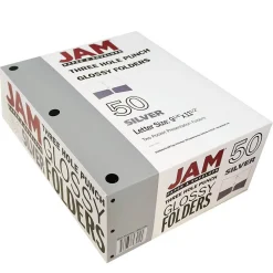 Pocket Folders|JAM Paper Laminated Glossy 3 Hole Punch Two-Pocket Folders, Silver, 50/Box (385GHPSIC)