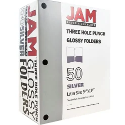 Pocket Folders|JAM Paper Laminated Glossy 3 Hole Punch Two-Pocket Folders, Silver, 50/Box (385GHPSIC)