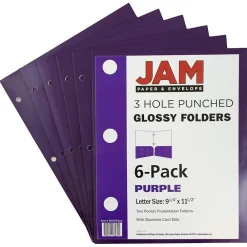 Pocket Folders|JAM Paper Laminated Glossy 3 Hole Punch Two-Pocket Folders, Purple, 6/Pack (385GHPPUA)