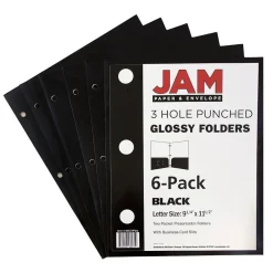 Pocket Folders|JAM Paper Laminated Glossy 3 Hole Punch Two-Pocket Folders, Black, 6/Pack (385GHPBLA)
