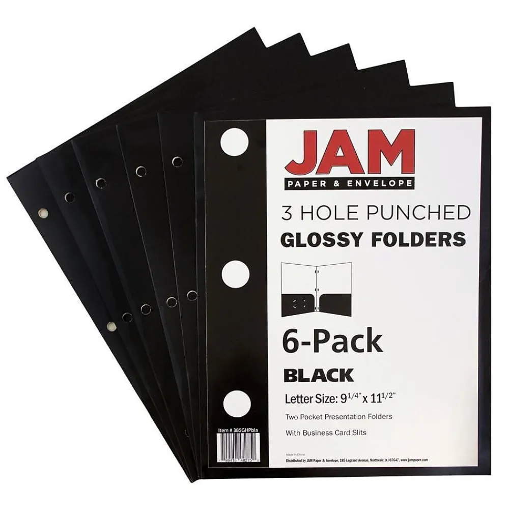 Pocket Folders|JAM Paper Laminated Glossy 3 Hole Punch Two-Pocket Folders, Black, 6/Pack (385GHPBLA)