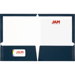 Pocket Folders|JAM Paper Laminated Two Glossy 2 Pocket Cardstock Presentation Folder, Navy Blue, 50/Box (5042523C)