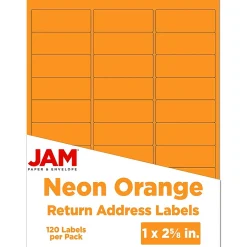 New JAM Paper Laser/Inkjet Address Labels, 1" x 2 5/8", , 30 Labels/Sheet, 4 Sheets/Pack (35432814) Neon Orange