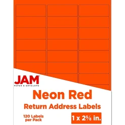Clearance JAM Paper Laser/Inkjet Address Labels, 1" x 2 5/8", , 30 Labels/Sheet, 4 Sheets/Pack (354328230) Neon Red