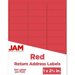 Best JAM Paper Laser/Inkjet Address Labels, 1" x 2 5/8", , 30 Labels/Sheet, 4 Sheets/Pack (4514939) Red
