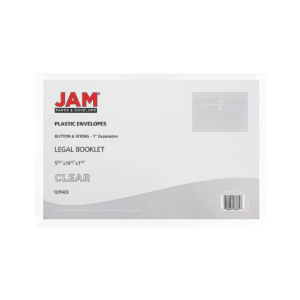 Online JAM Paper Plastic Envelopes with Button and String Tie Closure, Legal Size, Clear, 12/Pack (219B1CL)