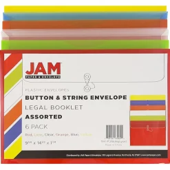 Online JAM Paper Plastic Filing Envelopes with Button & String Tie Closure, Legal Size, Assorted Colors, 6/Pack (219B1RLIGBYORCL)