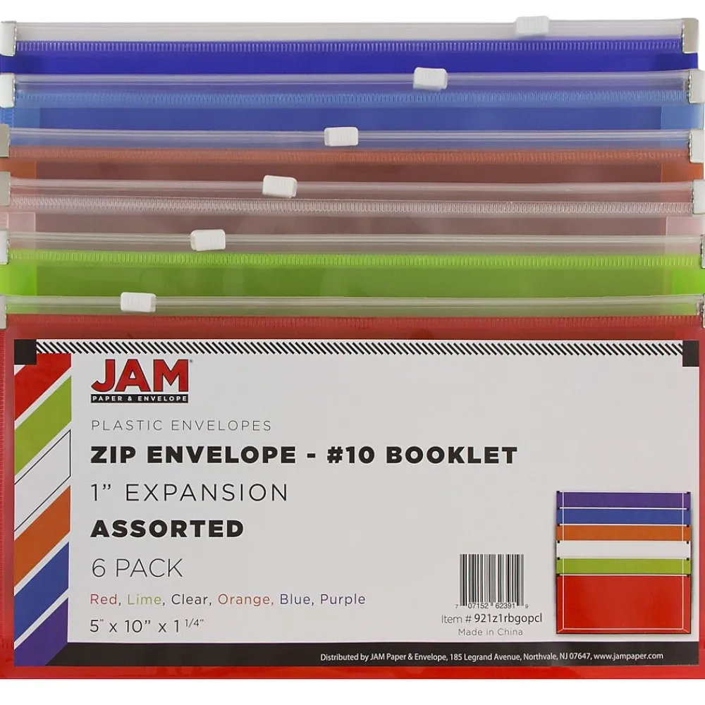 Sale JAM Paper Plastic Zip #10 Business Envelopes, 5" x 10", Assorted Colors, 6/Pack (921Z1RBGOPCL)