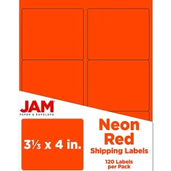 Sale JAM Paper Shipping Labels, 3 1/3" x 4", , 6 Labels/Sheet, 20 Sheets/Pack (354328040) Neon Red