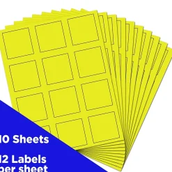 Labels|JAM Paper Square Labels, 2" x 2", Neon Yellow, 12 Labels/Sheet, 10 Sheets/Pack (367831073)