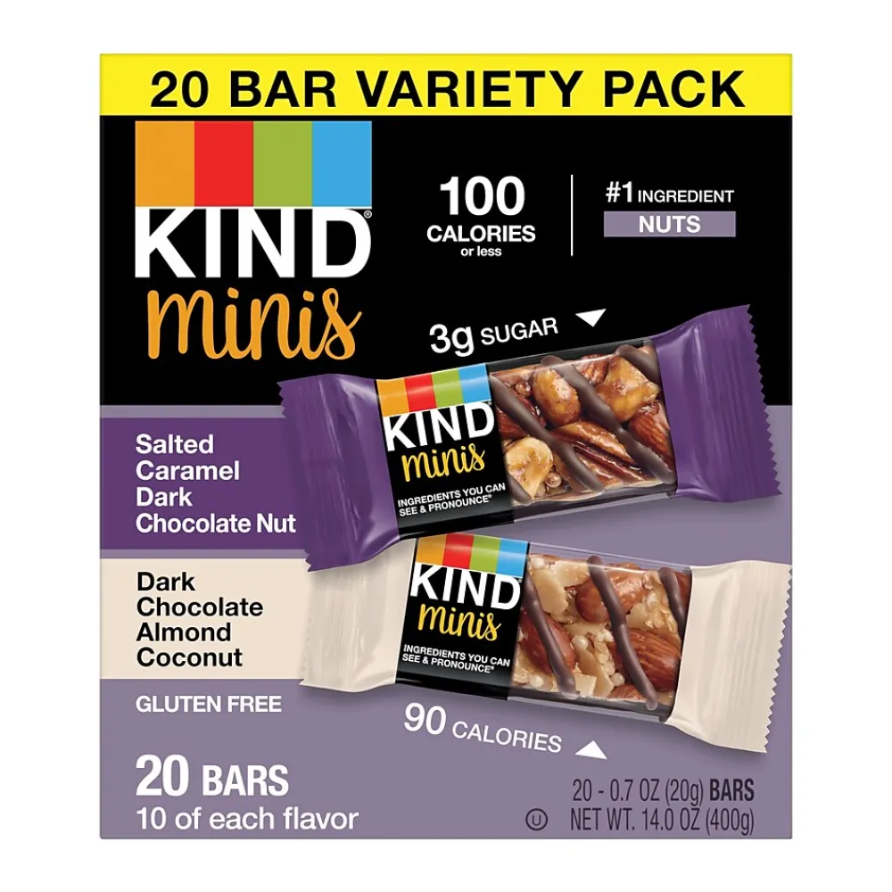 KIND Minis Bars, Salted Caramel Dark Chocolate Nut/Dark Chocolate Almond Coconut, 0.7 Oz., 20/Pack (27970)