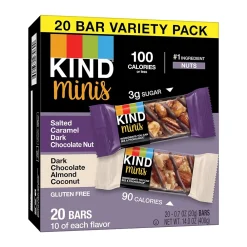 KIND Minis Bars, Salted Caramel Dark Chocolate Nut/Dark Chocolate Almond Coconut, 0.7 Oz., 20/Pack (27970)