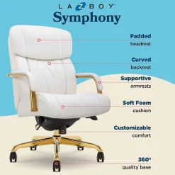 Office Chairs*La-Z-Boy Symphony Ergonomic Bonded Leather Swivel Executive Chair, White and Gold (CCHR10013A)