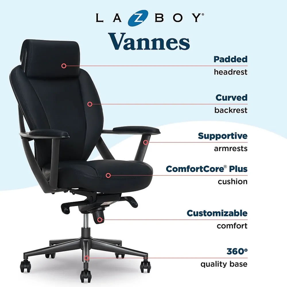 Office Chairs*La-Z-Boy Vannes Ergonomic Faux Leather Swivel Executive Chair, Black (60101-BLK)