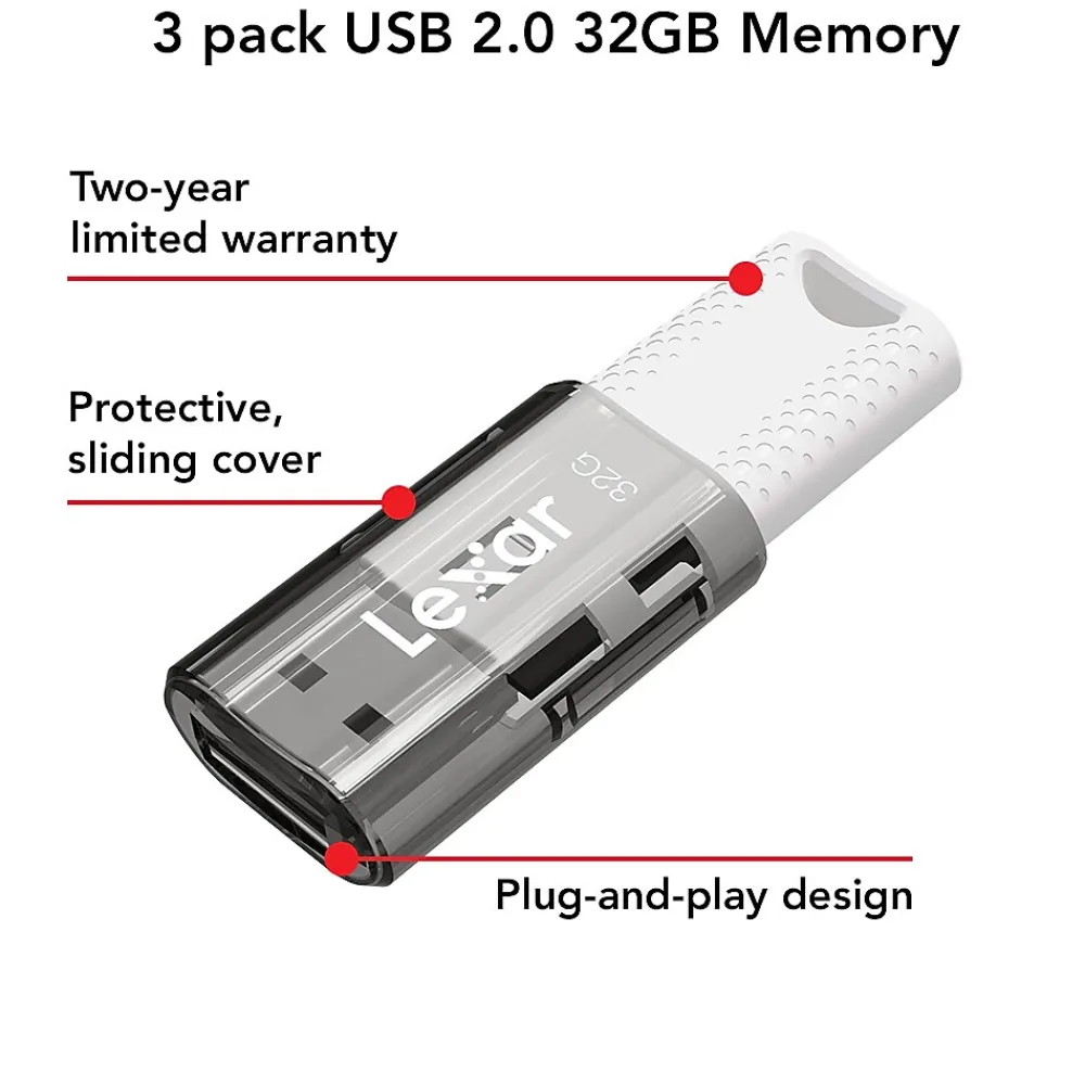 Discount Lexar JumpDrive S60 32GB USB 2.0 Type A Flash Drive, Grey/White, 3/Pack (LJDS60-32GB3NNU)