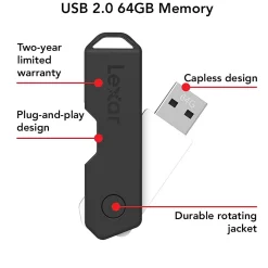 Lexar Twist Turn2 64GB USB 2.0 Type-A Flash Drive, Black (JDTT2-64GABNABK)