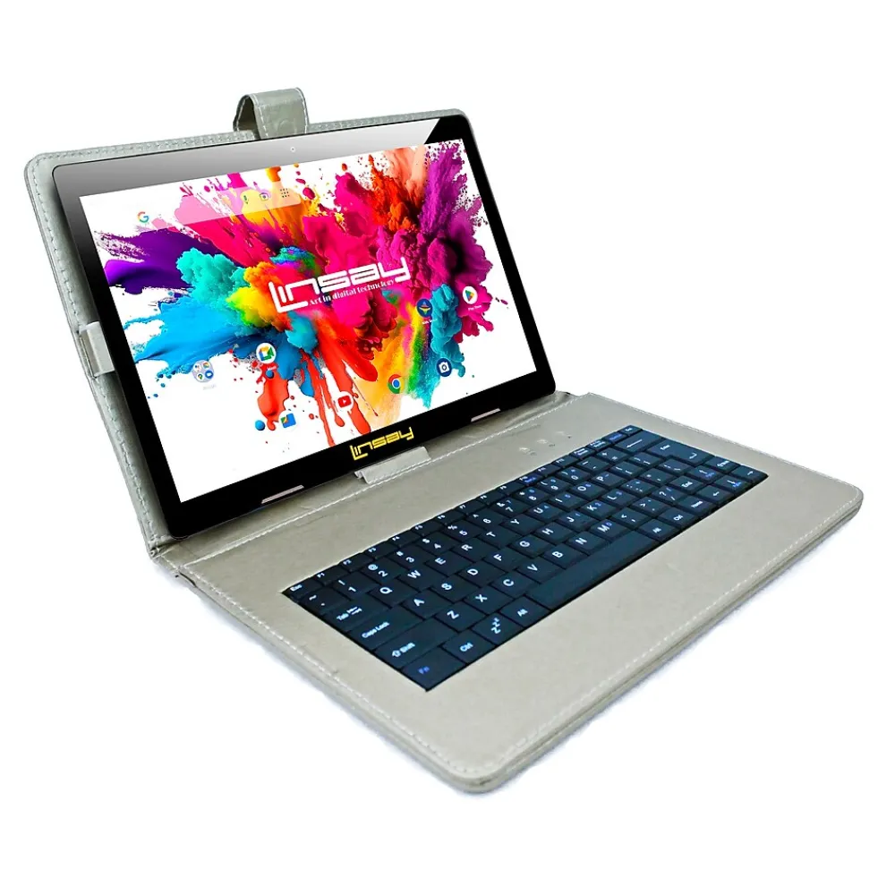 ® 10.1" OCTA CORE 128GB Storage Android 13 Tablet Dual Camera Android with Silver Keyboard and Pen Stylus<Linsay Online