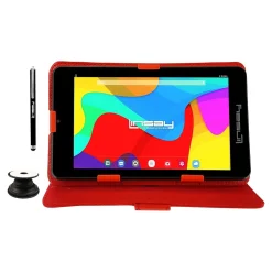 7" Tablet with Pop-Up Holder, Stylus & Red Leather Case, WiFi, 2GB RAM, 64GB Storage, Android 13 (F7UHDCRP)<Linsay New