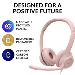 Hot Logitech H390 Wired Headset For PC/Laptop, Rose Noise Canceling Stereo Computer Headset, USB-A (981-001280)