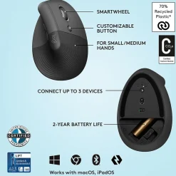Best Logitech Lift Vertical Wireless Ergonomic Vertical Optical Bluetooth & USB Mouse, (910-006466) Graphite