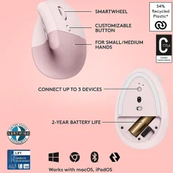 Sale Logitech Lift Wireless Ergonomic Vertical Optical Bluetooth & USB Mouse, (910-006472) Rose