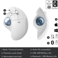 Discount Logitech M575 Ergonomic Wireless Trackball USB Mouse, (910-005868) Off-White