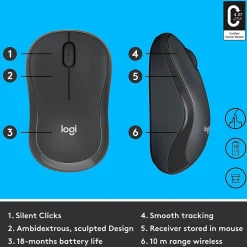 New Logitech M220 Silent Wireless Ambidextrous Optical Mouse, Graphite (910-006127)