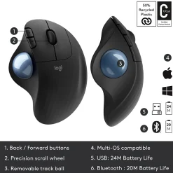Discount Logitech M575 Wireless Ergonomic Trackball Bluetooth & USB Mouse, (910-005869) Black