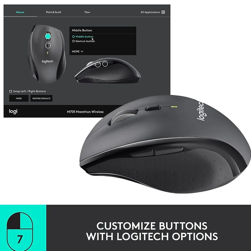Outlet Logitech Marathon M705 Wireless Ergonomic Optical USB Mouse, Charcoal (910-001935)