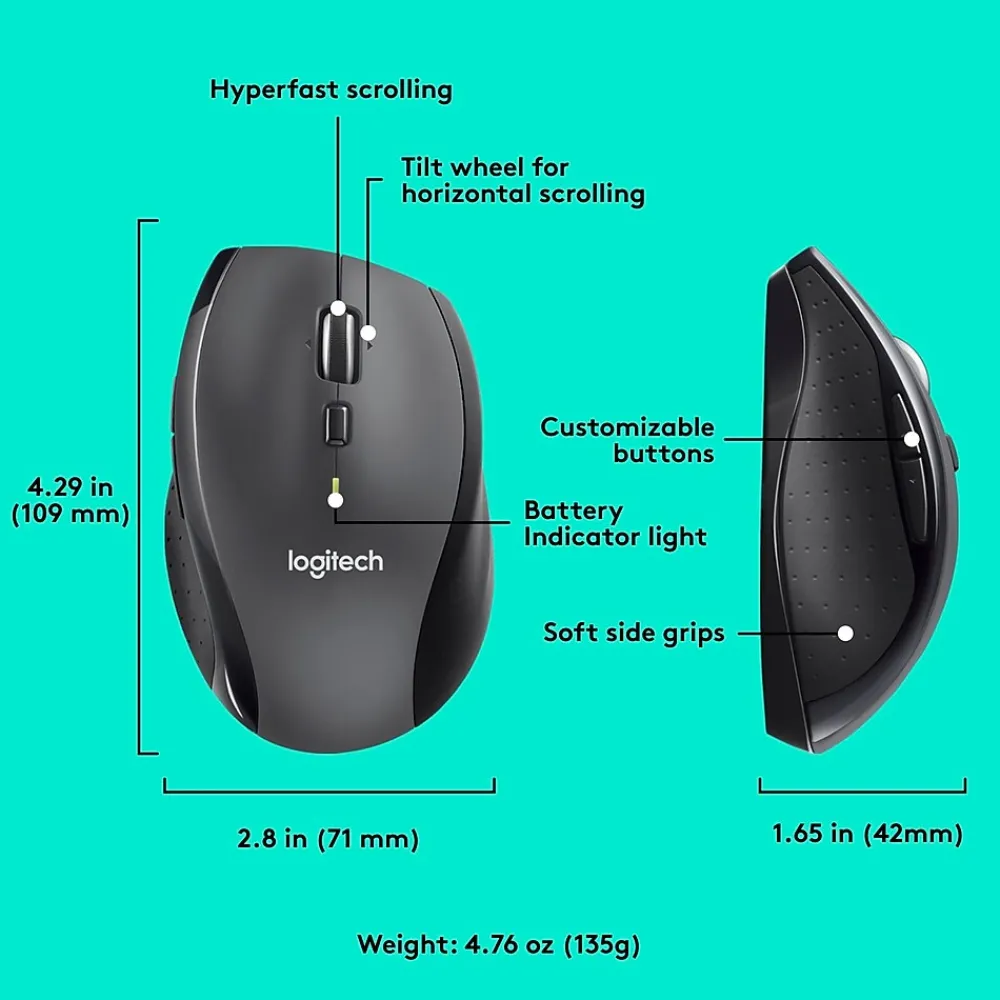 Outlet Logitech Marathon M705 Wireless Ergonomic Optical USB Mouse, Charcoal (910-001935)