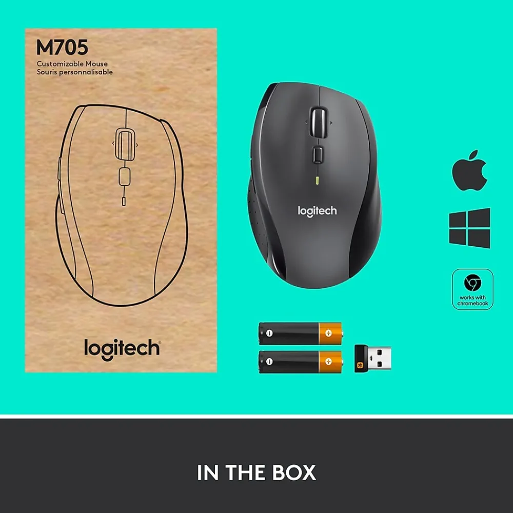 Outlet Logitech Marathon M705 Wireless Ergonomic Optical USB Mouse, Charcoal (910-001935)