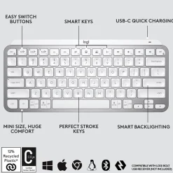 Hot Logitech MX Keys Mini Wireless Ergonomic Keyboard, Pale Gray (920-010473)