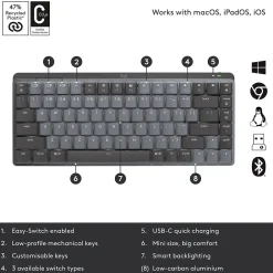 Clearance Logitech MX Mechanical Mini Illuminated Wireless Ergonomic Keyboard, Gray/Black (920-010550)