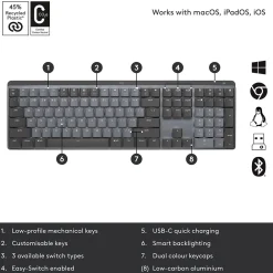 Discount Logitech MX Mechanical Tactile Quiet Wireless Ergonomic Keyboard, Graphite (920-010547)