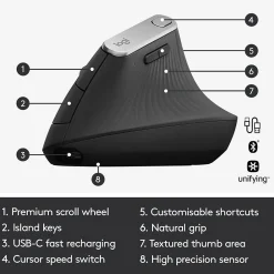 Online Logitech MX Vertical Wireless Ergonomic Vertical Ambidextrous Optical 2.4 GHz Mouse, Graphite (910-005447)