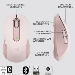 Online Logitech Signature M650 Wireless Ergonomic Optical Bluetooth & USB Mouse, (910-006251) Rose