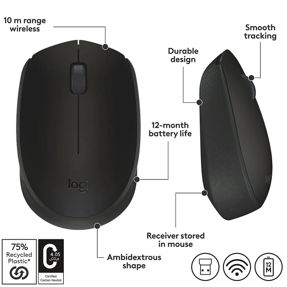 Sale Logitech Wireless Ambidextrous 2.4 GHz Mouse, Black (910-004940)