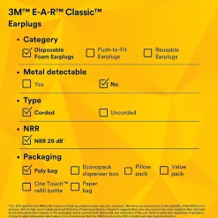 3M E-A-R Classic Earplugs, Corded, Poly Bag, 200 Pairs/Case (311-1101)