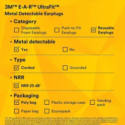 E-A-R 3M UltraFit Earplugs, Metal Detectable, Corded, Poly Bag, 100 Pair/Case (340-4007)