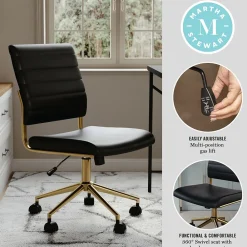 Office Chairs*Martha Stewart Ivy Armless Faux Leather Swivel Office Chair, Black/Polished Brass (CH2209211BKGLD)