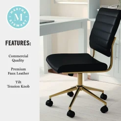 Office Chairs*Martha Stewart Ivy Armless Faux Leather Swivel Office Chair, Black/Polished Brass (CH2209211BKGLD)