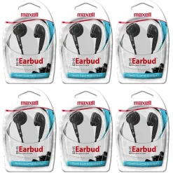 Maxell Budget Stereo Earbuds, Black, 6/Pack (MAX190560-6)<Maxwell Sale