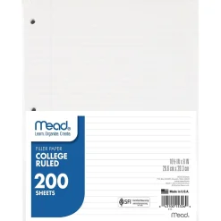 Filler Paper|Mead College Ruled Filler Paper, 8" x 10.5", 3-Hole Punched, 200 Sheets/Pack, 3/Bundle (MEA15326-3)