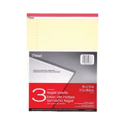Notepads|Mead Notepad, 8.5" x 11", Wide-Ruled, Canary, 50 Sheets/Pad, 3 Pads/Pack (59386)