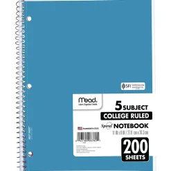 Subject Notebooks|Mead 5-Subject Notebook, 8.5" x 11", College Ruled, 200 Sheets, Assorted Colors, Each (06780)