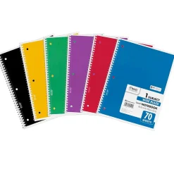 Subject Notebooks|Mead 1-Subject Notebooks, 8" x 10.5", Wide Ruled, 70 Sheets, Assorted Colors, 6/Bundle (MEA05510-6)