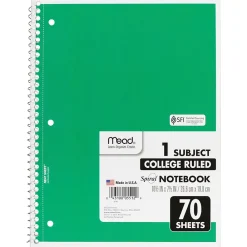 Subject Notebooks|Mead 1-Subject Notebooks, 8" x 10.5", College Ruled, 70 Sheets, Assorted Colors, 6/Bundle (MEA05512-6)