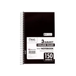 Subject Notebooks|Mead 3-Subject Notebooks, 6" x 9.5", College Ruled, 150 Sheets, Assorted Colors, 12/Carton (06900CT)